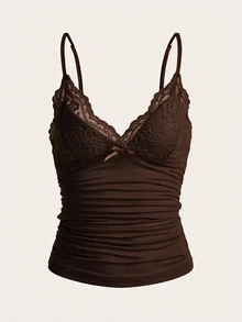 SHEIN ICON 對比色蕾絲抓皺 Y2K 細肩帶背心上衣 - 咖啡棕 - 查看 3