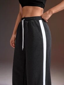Powerista Women's Drawstring Elastic Waist Double Pocket Side Contrast Stripe Casual Loose Sports Pants - Dark Grey - View 5