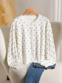 CosyJoli Women's White Polka Dot Round Neck Long Sleeve Single-Breasted Versatile Cardigan - White - View 1