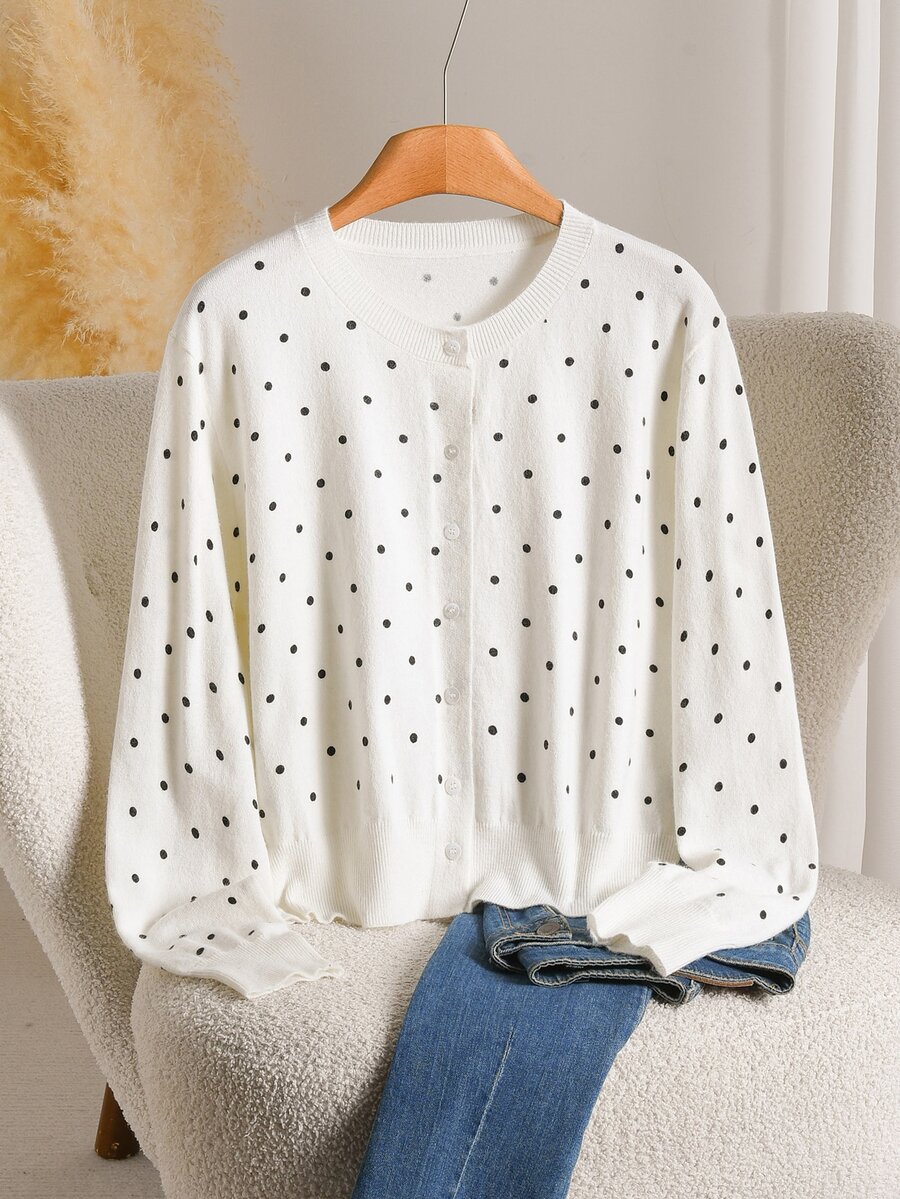 CosyJoli Women's White Polka Dot Round Neck Long Sleeve Single-Breasted Versatile Cardigan - White - View 1
