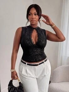 Firerie Plus Size Women Lace Hollow Out Fitted Versatile Date & Casual Top - Black - View 4