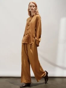 Aveloria Modichic Women's Set Loose Wide Leg Satin Textured Chinese Stand Collar Frog Button Elegant Brown Solid Elegant Women's Set National Day - Coffee Brown - View 3