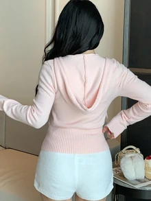 DAZY Women's Pink Hooded Zip-Up Fitted Short Knit Long Sleeve Sweet Casual Cardigan Jacket Winter - Pink - View 3