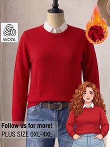 Rusticease Plus Size Red Ribbed Round Neck Long Sleeve Sweater Cozy Casual Fall Winter 2026 - Red - View 3