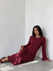 Glamine Women's Solid Color Round Neck Raglan Long Sleeve Elegant Sexy Backless Tie-Up Long Knit Dress Going Out Dinner Night Burgundy Fall Christmas New Year - Burgundy - View 3