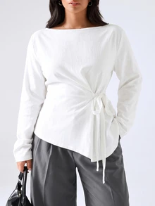 LYSMO Plus Size Solid Color Side Pocket Asymmetrical Hem Long Sleeve T-Shirt - White - View 4