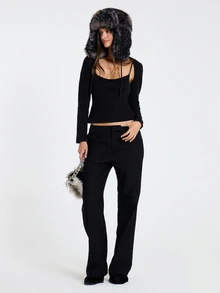 MUSERA Black Belted Waistband Straight Leg Full Length Trousers Bottoms Smart Workwear Office Everyday Essentials - Black - View 1
