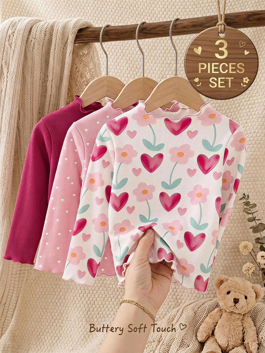 Baby Girls' Frill-Edge Long-Sleeve Casual Tops (3-Pack) - Multicolor - View 1