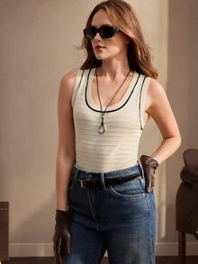 SHEIN Women's U-Neck Fitted Sleeveless Knitted Top, Ribbed Contrast Color Spring/Summer Top, Beige/Apricot Slimming Elastic Knitted Top, Minimalist Commute Versatile French Style Solid Color Tight-Fitting Base Layer Knitted Top - Apricot - View 8
