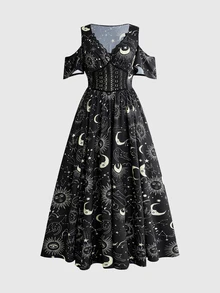 ROMWE Women's Summer Gothic Moon Sun Face Star Heart Sword Cat Zodiac Print Lace Patchwork Deep V-Neck Cold Shoulder High Slit Dress Top Prom Dress - Black - View 1