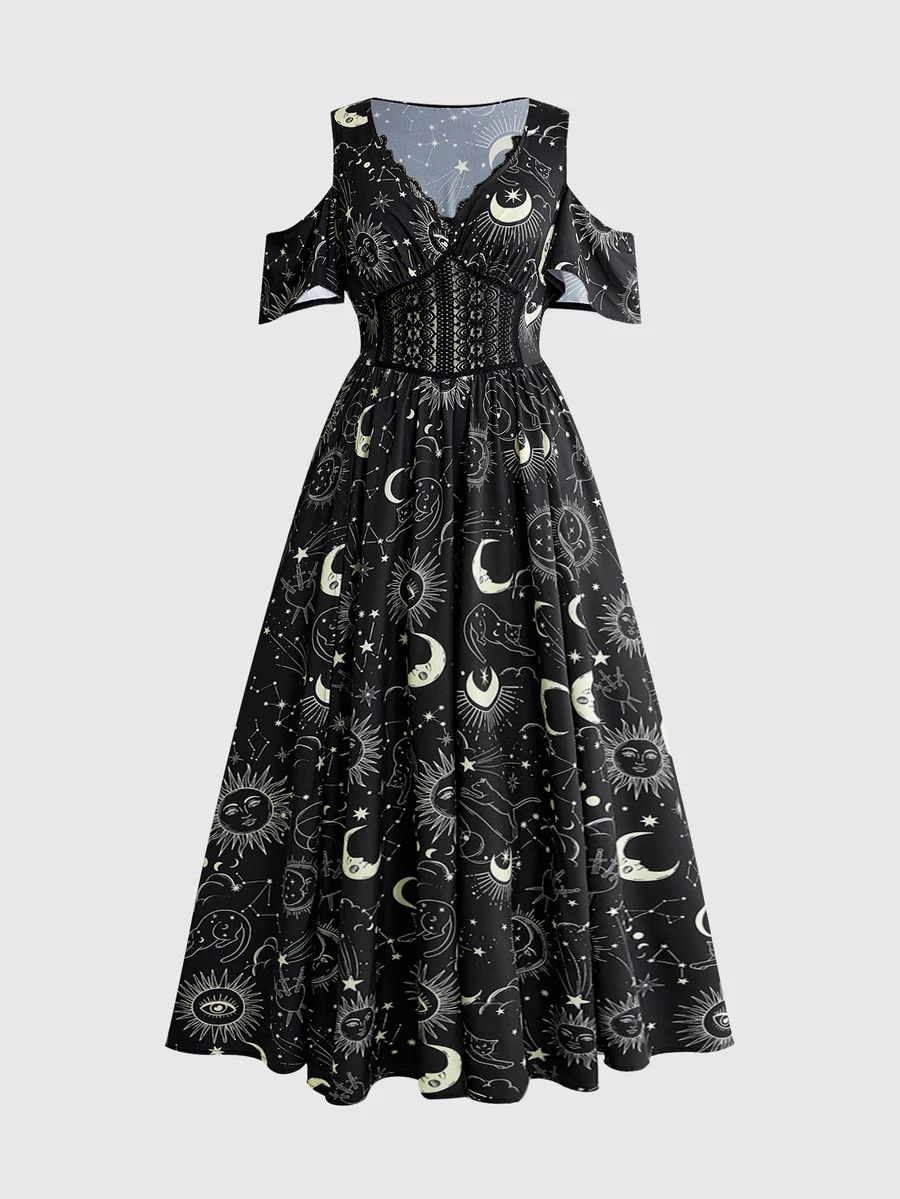 ROMWE Women's Summer Gothic Moon Sun Face Star Heart Sword Cat Zodiac Print Lace Patchwork Deep V-Neck Cold Shoulder High Slit Dress Top Prom Dress - Black - View 1