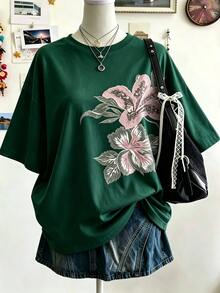 Collagica Collagica Black Round Neck Floral Graphic Loose Short Sleeve Casual Women's T-Shirt - Beige - View 1