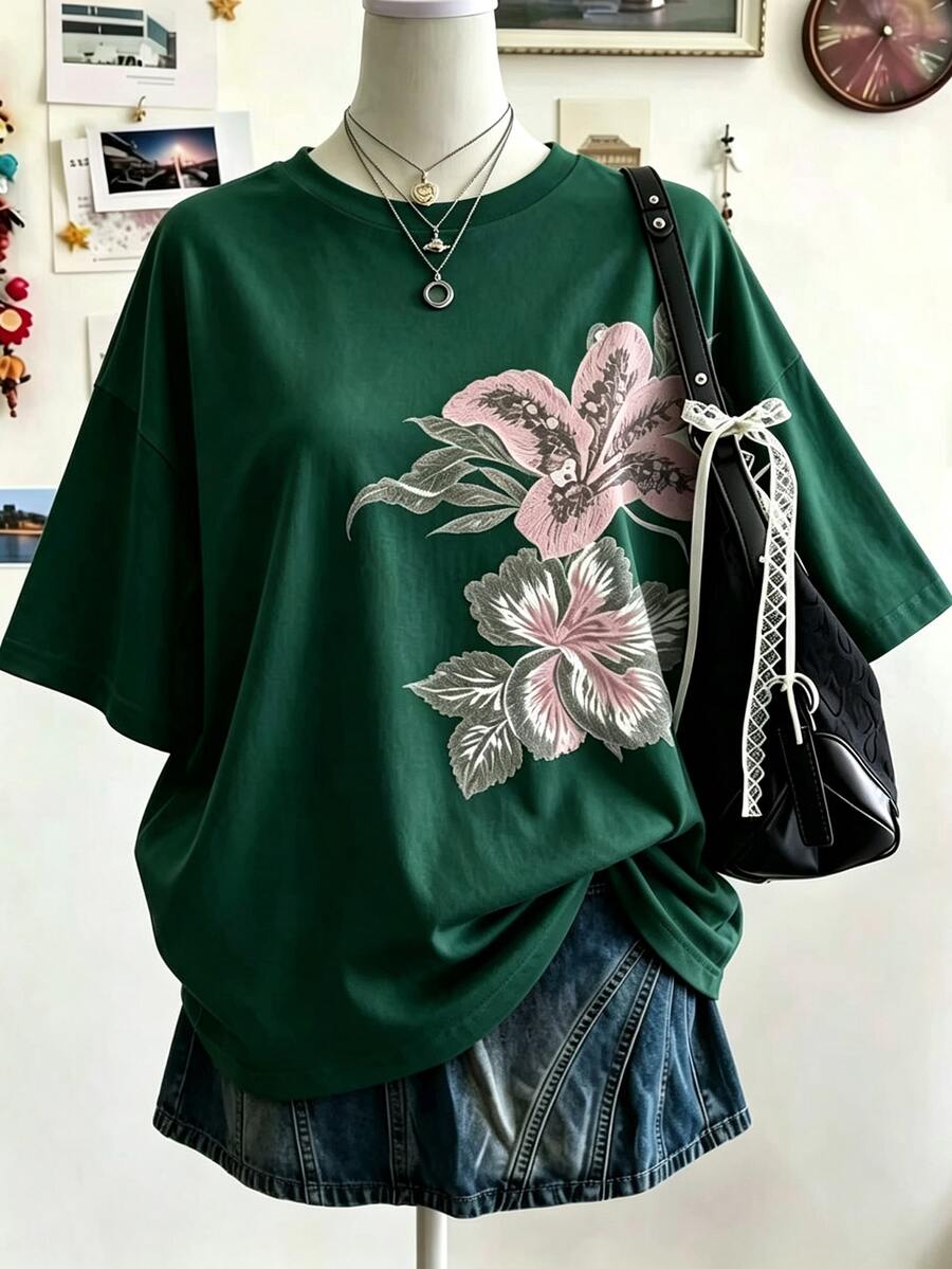 Collagica Collagica Black Round Neck Floral Graphic Loose Short Sleeve Casual Women's T-Shirt - Beige - View 1