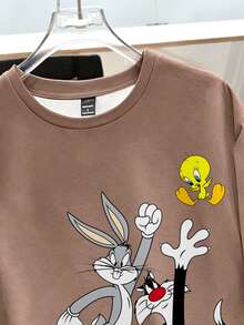 LOONEY TUNES X SHEIN Daypath 男士卡通印花休閒日常短袖T恤 - 咖啡棕 - 查看 3