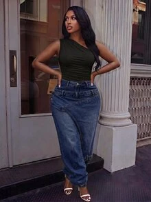 Slaydiva Jeans de diseñador con puños de botones talla grande - Azul - Ver 6