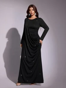 Viva Relle Plus Size Women's Black Starry Rhinestone Long Sleeve Evening Dress, Asymmetrical Ruched Draped Fitted Dress - Black - View 5