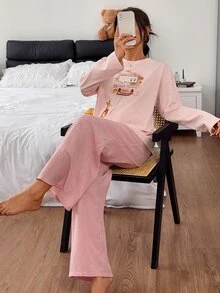 DAZY Cartoon Bunny Pattern Long-Sleeved T-Shirt And Straight-Leg Plaid Pajama Pants 2-Piece Women's Pajama Set - Pink - View 6