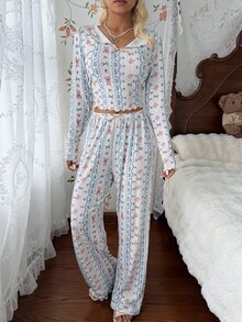 CottageSlumber Bear Ditsy Floral Lapel Home Set Ribbed Frill Trim Long Sleeve Long Pants Pajamas - White - View 6