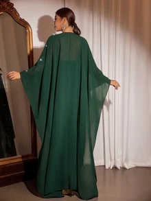 Cravure Plus Size Women's Elegant Romantic Dark Green Pearl Chiffon Flowy Cardigan & Cami Dress 2 Pieces Set, Versatile For Daily Wear And Multiple Occasions - Dark Green - View 3