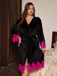 Slumberist Black Velvet Patchwork Rose Red Lace Drop Shoulder Long Sleeve Mid-Length Women's Robe - Black - View 4