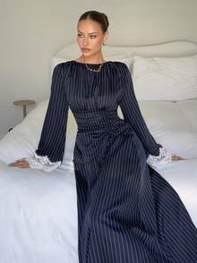 Siren Gaze Women's Striped Round Neck Lace Cuff Waist Drawstring Design Elegant Long Dress - Navy Blue - View 4