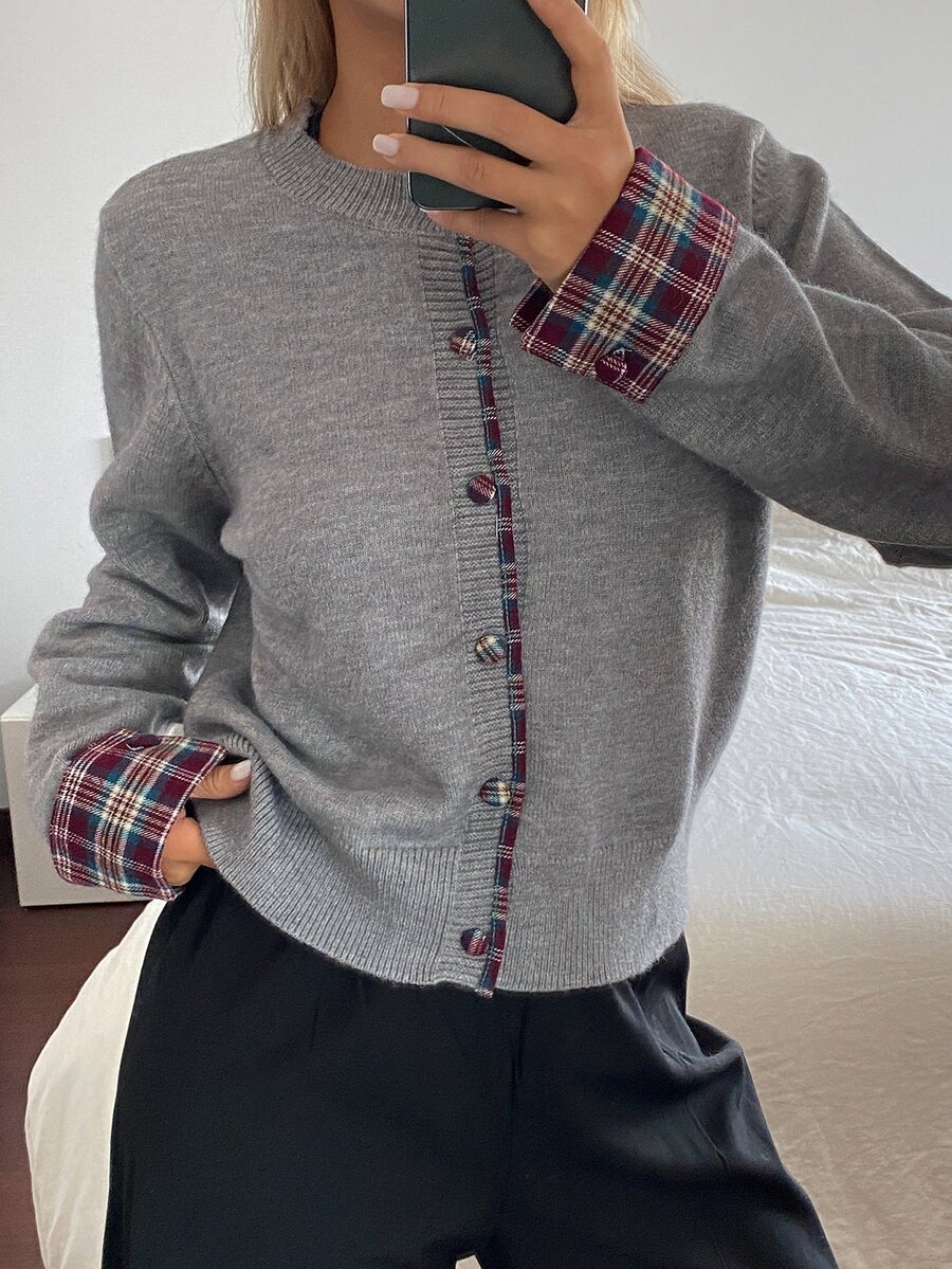 Livesso Women's Grey Round Neck Button Cable Knit Long Sleeve Slim Fit Ribbed Cardigan, Autumn/Winter - Grey - View 1