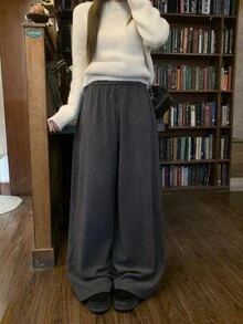 DAZY Women's Casual Solid Color Knit Korean Style Long Pants - Dark Grey - View 5