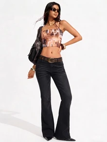 SHEIN Tall 女款休閒日常喇叭牛仔褲，附口袋與鈕扣設計 - 深灰色 - 查看 6