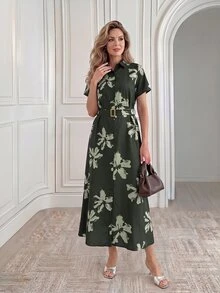 Medorina 女款襯衫領單排扣花卉印花收腰顯瘦優雅休閒短袖洋裝 早午餐穿搭 鼠尾草綠花卉 - 灰綠 - 查看 4