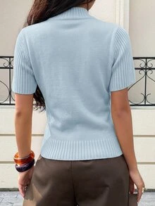 Siren Gaze 女款素色高領短袖針織上衣毛衣 全季新年夏季休閒端莊教師節辦公穿搭 - 淺藍色 - 查看 2