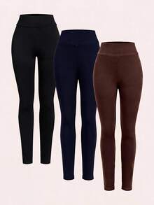 SHEIN BASICS Legging Ketat Wanita Warna Polos Kasual Serbaguna untuk Pemakaian Sehari-hari, 3 pcs/pack - MultiWarna - View 10