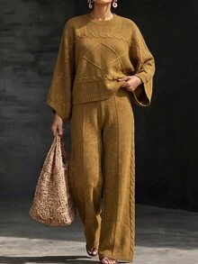 Louniche Autumn/Winter New Elegant Casual Mustard Yellow Twisted Rope Texture Shoulder Batwing Sleeve Short Top Straight Leg Long Pants Daily Commute Women's Fashion Knit Pullover Sweater Two Pieces Set - Yellow - View 3