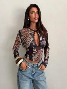 Aloruh Women's Leopard Print Floral Contrast Lace Cutout Design Long Sleeve Sexy Top - Multicolor - View 8