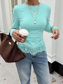 Lavishia 女款優雅秋季淺灰色圓領長袖修身T恤，對比色蕾絲刺繡荷葉邊下擺上衣，百搭秋季上衣 - 綠色 - 查看 6