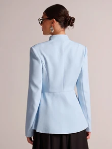 SHEIN BAE 奶油色青蛙鈕扣荷葉邊西裝外套，黑色對比結扣立領西裝外套，適合上班、晚餐、辦公室、夏季、賓客穿搭、婚禮優雅造型 - 淺藍色 - 查看 2