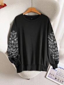 CosyJoli Casual Home & Vacation Women's Loose Embroidered Crew Neck Sweatshirt, Black, Autumn/Winter - Black - View 1