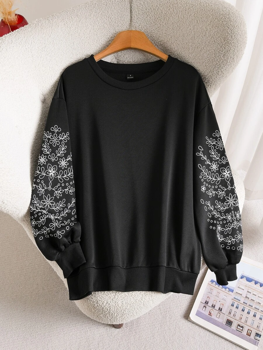 CosyJoli Casual Home & Vacation Women's Loose Embroidered Crew Neck Sweatshirt, Black, Autumn/Winter - Black - View 1