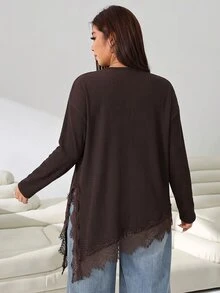 Solflare Plus Size Women's Lace Patchwork Casual Daily Long Sleeve T-Shirt - Brown - View 2