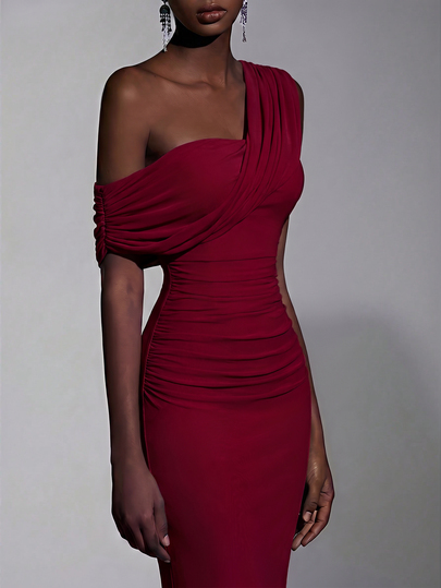 Elitara 2025 New Elegant Mesh One-Shoulder Ruched Fitted Bodycon Long Dress For Women, Wedding, Formal Occasions, Bridesmaid Gown