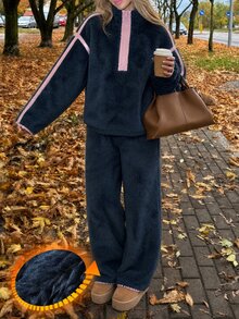 Livesso Women's Dropped Shoulder Long Sleeve Zipper Half-Placket Top And Pants Pajama Set - Navy Blue - View 1