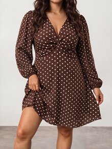 Enliva Plus Size V Neck Polka Dot Dress For Date Night And Brunch - Brown - View 4