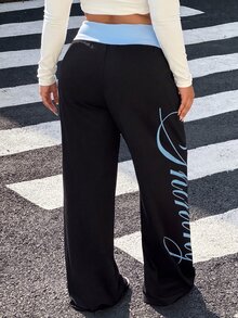 Muchica Plus Size Street Letter Print Colorblock Loose Pants - Multicolor - View 2