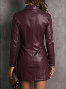 Solivie Women's Autumn/Winter Short Stand Collar Burgundy PU Leather Dress Party Dress Country Concert Outfit Vintage - Burgundy - View 3
