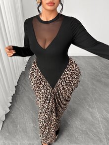 Elenzga Plus Size Women's Autumn/Winter Knit Fitted Dress With Mesh Patchwork And Leopard Print - Multicolor - View 5