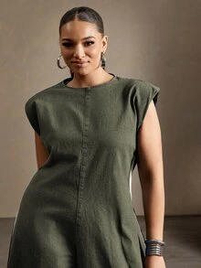 Vixey Plus Size Women's Round Neck Padded Shoulder Wide Leg Loose Casual Denim Jumpsuit, Fall/Winter - Olive Green - View 4