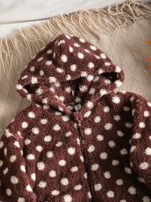 SHEIN Tween Girls Hooded Polka Dot Jackets, Fall Winter Fleece Jacket - Brown Polka Dot Plush Hooded Coat, Soft Fluffy Zip Up Oute - Multicolor - View 3
