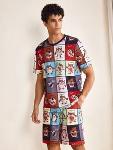 LOONEY TUNES X SHEIN Men's Cartoon Print Short-Sleeve Shirt And Shorts Loungewear Set - Multicolor - View 4