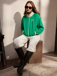 Nima Coro Letter Print Contrast Color Stand Collar Zip-Up Long Sleeve Sweatshirt Suitable For Daily Wear - Green - View 6