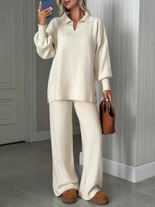 SHEIN Women's Rib Knit Collared Sweater & Wide Leg Pants 2 Pieces Lounge Set - Cream - View 6
