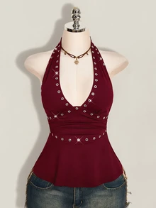 SHEIN ICON 萬聖節女款掛脖露背黑色娃娃裝背心 - 酒紅色 - 查看 8